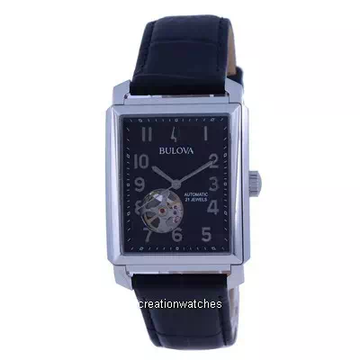 Relógio masculino Bulova Sutton coração aberto mostrador preto pulseira de couro automática 96A269