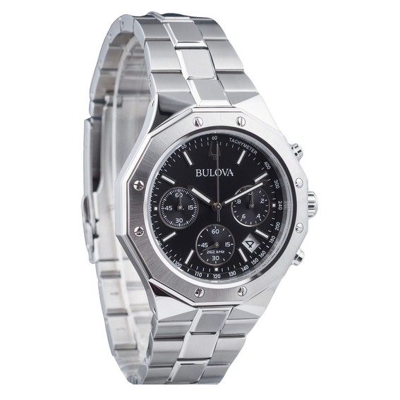 Bulova 經典精密八角形計時不鏽鋼黑色錶盤石英 96B410 100M 男士手錶