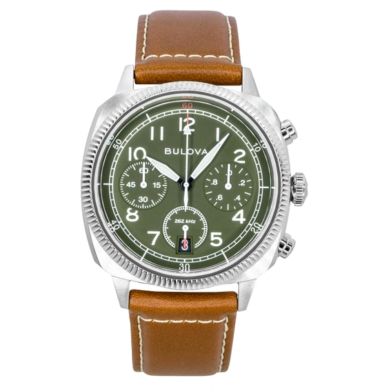 Bulova Military Special Edition Chronograph Leather Strap Green Dial Quartz 96B482 Men's Watch