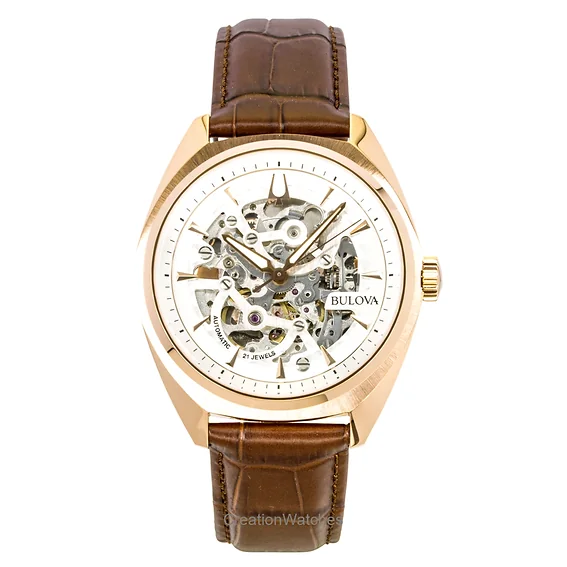 Bulova Surveyor Leather Strap Silver Skeleton Dial Automatic 97A175 Men's Watch