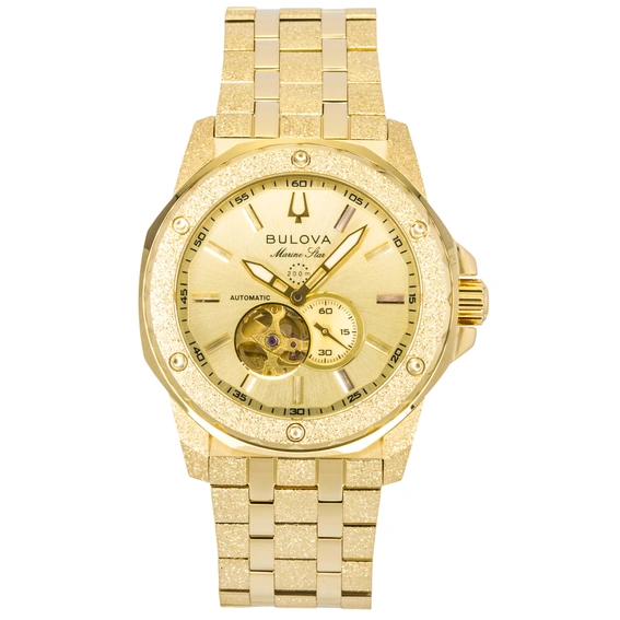 Bulova Marc Anthony Marine Star Gold Tone Stainless Steel Open Heart Champagne Dial Automatic 97A200 Men's Watch