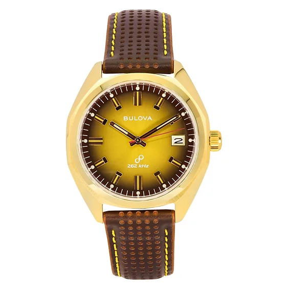 Bulova Jet Star Leather Strap Gold Tone Dial Quartz 97B214 Men's Watch