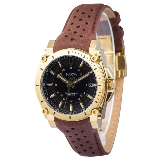 Bulova Icon Precisionist 皮革錶帶黑色錶盤石英 97B216 100M 男士手錶
