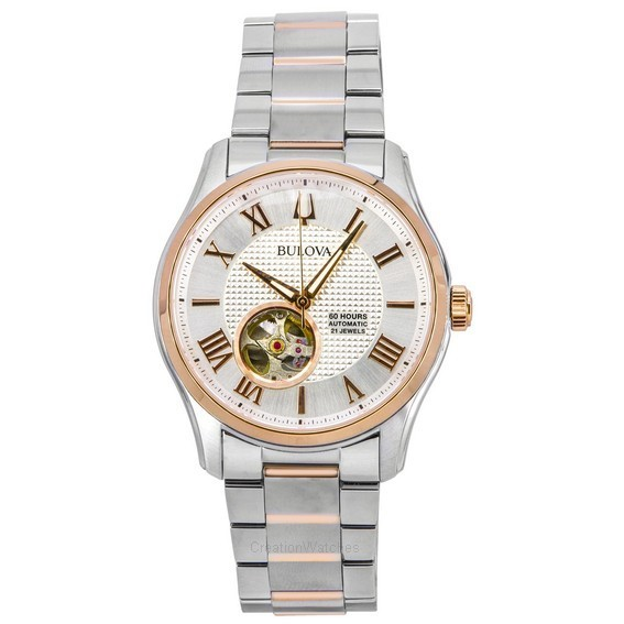 Bulova Wilton Classic Two Tone Stainless Steel Open Heart Silver Dial Automatic 98A213 100M Men's Watch