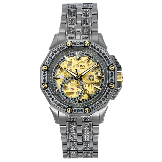 Bulova Octava Crystal Accents Stainless Steel Skeleton Gold Dial Automatic 98A293 Men's Watch
