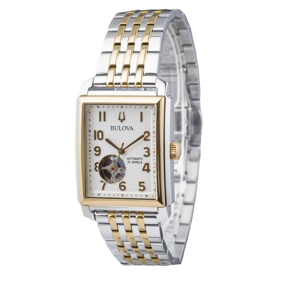 Bulova Sutton 兩色不鏽鋼敞開心形銀色錶盤自動 98A308 男士手錶