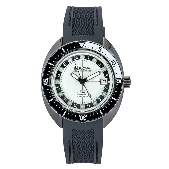 Bulova Oceanographer GMT PU Strap Full Lume White Dial Automatic Devil Diver's 98B407 200M Men's Watch