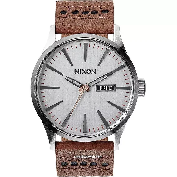 Nixon Quartz Sentry Leather Silver Dial A105-1752-00 Men's Watch
