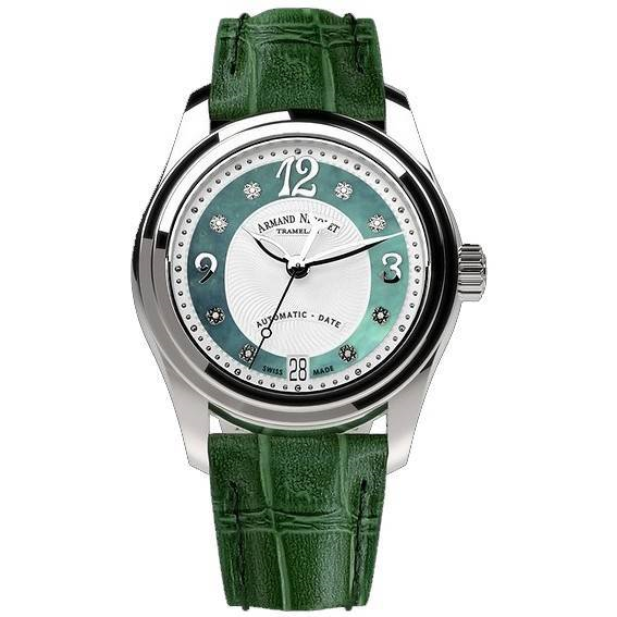 Armand Nicolet Tramelan M03 Diamond Accents Green And White Dial Automatic A151BAA-AV-P882VR8 100M Calf Leather Strap Women's Watch