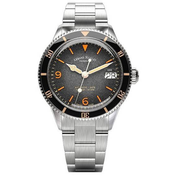 Relógio masculino Armand Nicolet Tramelan VS1 com mostrador preto automático A500ANAA-NS-BMA500A 100M em aço inoxidável