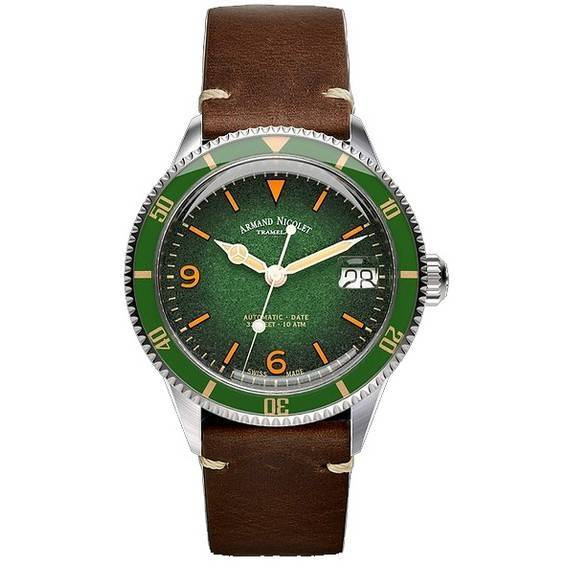 Armand Nicolet Tramelan VS1 Green Dial Automatic A500AVAA-VS-BP19500MAC 100M Calf Leather Strap Men's Watch