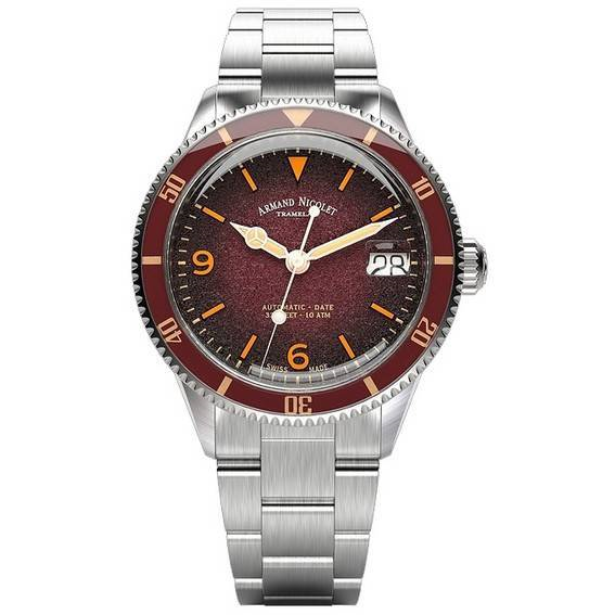 Мужские часы Armand Nicolet Tramelan VS1 с бордовым циферблатом, автоматические, A500AXAA-XS-BMA500A, 100 м, из нержавеющей стал