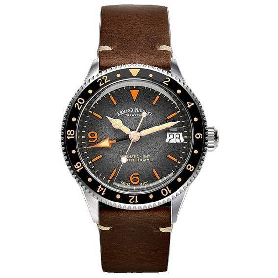 Armand Nicolet Tramelan VS1 GMT quadrante grigio automatico A506ANAA-NS-BP19500MAC orologio da uomo con cinturino in pelle di vi