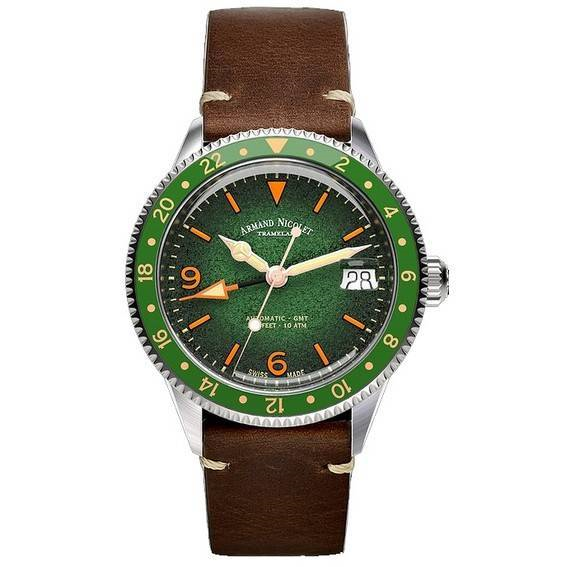 Armand Nicolet Tramelan VS1 GMT Green Dial อัตโนมัติ A506AVAA-VS-BP19500MAC 100M Calf Leather Strap Men's Watch