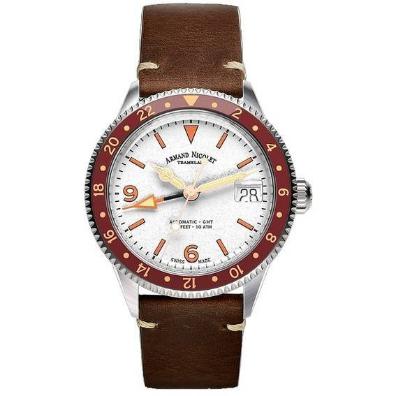 Relógio masculino Armand Nicolet Tramelan VS1 GMT mostrador prata automático A506AXAA-AS-BP19500MAC 100M pulseira de couro de be