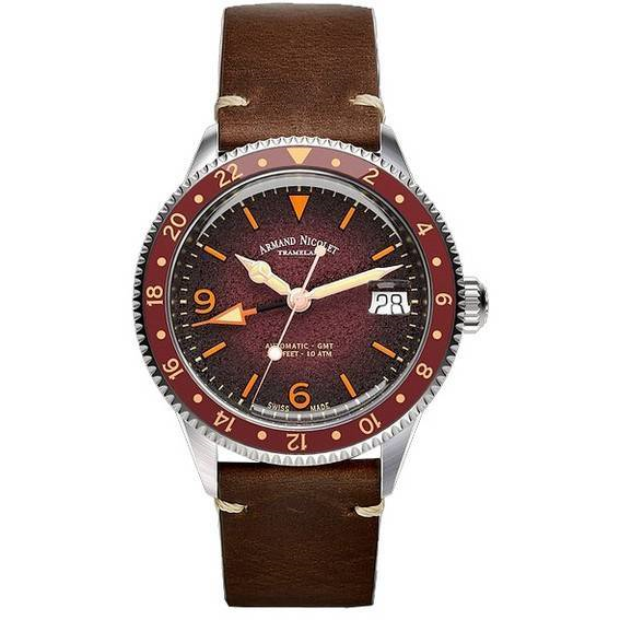Relógio masculino Armand Nicolet Tramelan VS1 GMT Borgonha mostrador automático A506AXAA-XS-BP19500MAC 100M pulseira de couro de