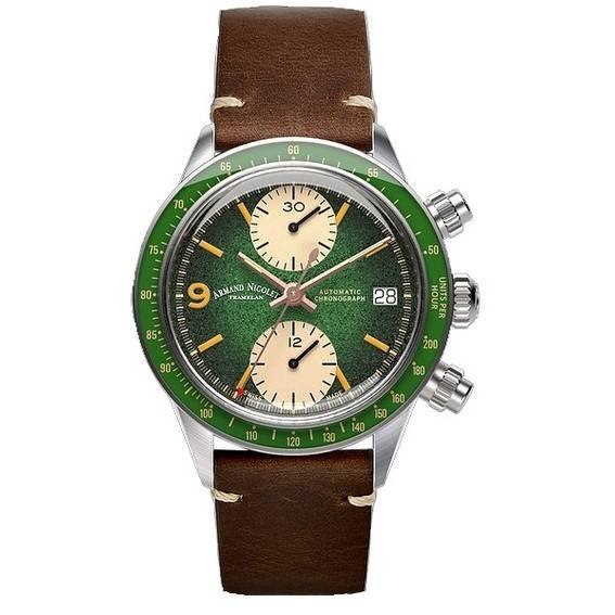Zegarek Armand Nicolet Tramelan VS1 Chronograf Zielona Tarcza Automatyczny A510AVAA-VS-BP19500MAC 100M Skórzany Pasek Cielęcy Pa