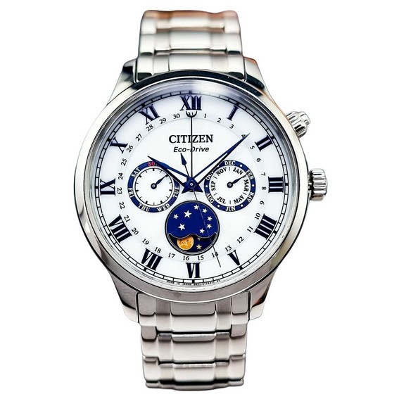 Citizen Moon Phase หน้าปัดขาว Stainless Steel Eco-Drive AP1050-81A Men's Watch