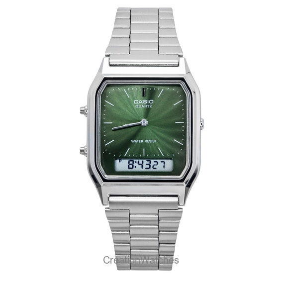 Montre unisexe Casio AQ-230A-3AMQY, analogique, numérique, cadran vert, double fuseau horaire, quartz, vintage