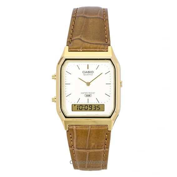 Casio Vintage Analog Digital Leather Strap Gold Dial Quartz AQ-230EGL-9A Unisex Watch