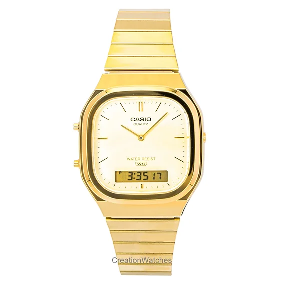 Casio Vintage Analog Digital Gold Tone Stainless Steel Gold Dial Quartz AQ-240EG-9A Unisex Watch