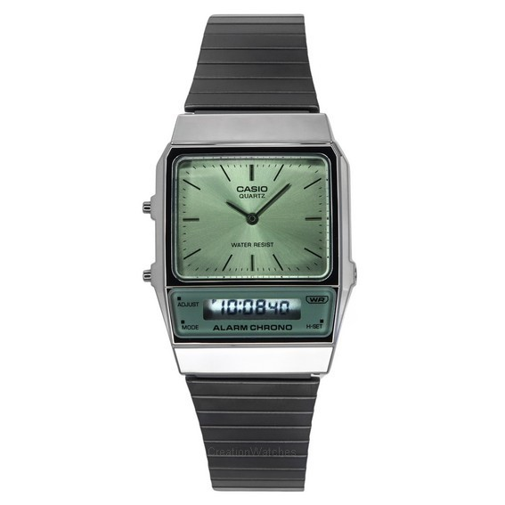 Casio Vintage analogowy cyfrowy zegarek męski ze stali nierdzewnej z zieloną tarczą kwarcowy AQ-800ECGG-3A