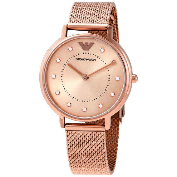Relógio feminino Emporio Armani Kappa com detalhes em cristal de malha de aço inoxidável com mostrador em ouro rosa quartzo AR11