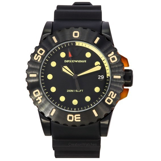 Emporio Armani Aqua 黑色聚氨酯錶帶黑色錶盤石英潛水員 AR11539 200M 男裝手錶 zh-CHS