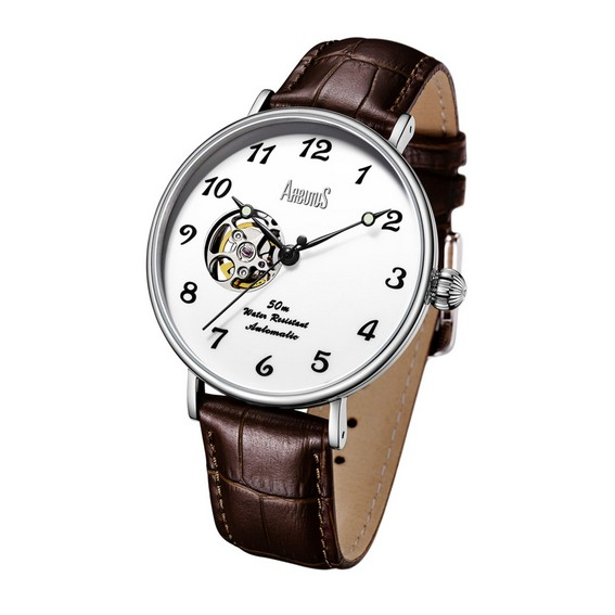 Arbutus Broadway leren band witte open hart wijzerplaat automatisch AR1805SWF unisex horloge