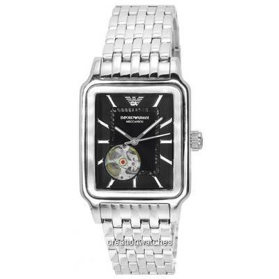 Relógio masculino Emporio Armani Meccanico aço inoxidável preto com mostrador coração aberto automático AR60057