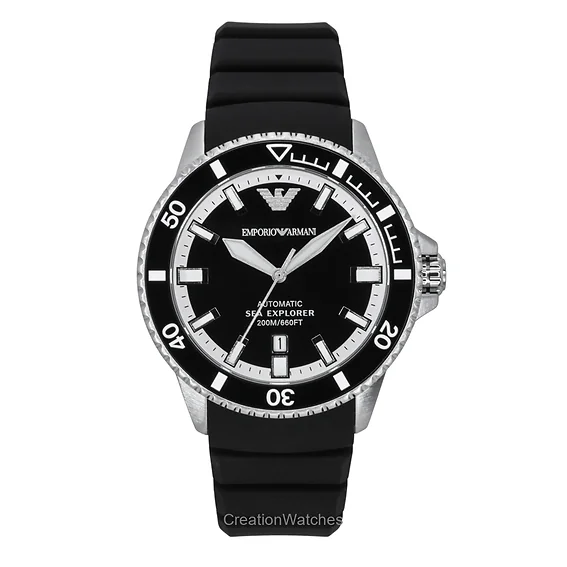 Emporio Armani Sea Explorer Silicone Strap Black Dial Automatic Diver's AR60078 200M Men's Watch