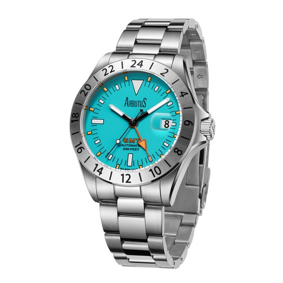 Reloj automático Arbutus AR9922SUS 100M para hombre, edición limitada, GMT, acero inoxidable, esfera verde azulado