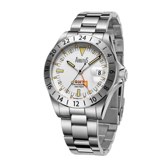 Relógio masculino Arbutus Limited Edition GMT Aço inoxidável Mostrador branco Automático AR9922SWS 100M