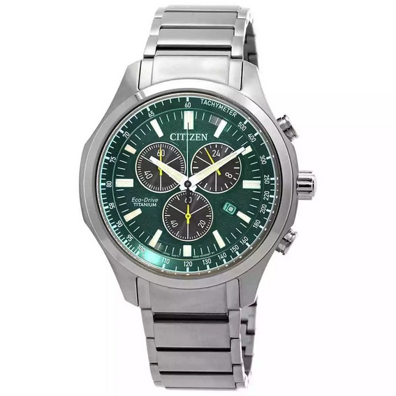 Relógio masculino Citizen Eco-Drive Super Titanium cronógrafo mostrador verde AT2530-85X 100M