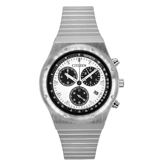 Reloj para hombre Citizen Record Label 1984 Cronógrafo de acero inoxidable con esfera blanca y cuarzo AT2541-54A