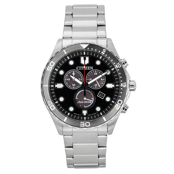 Relógio masculino Citizen Sporty-Aqua cronógrafo em aço inoxidável com mostrador preto Eco-Drive AT2568-82E 100M