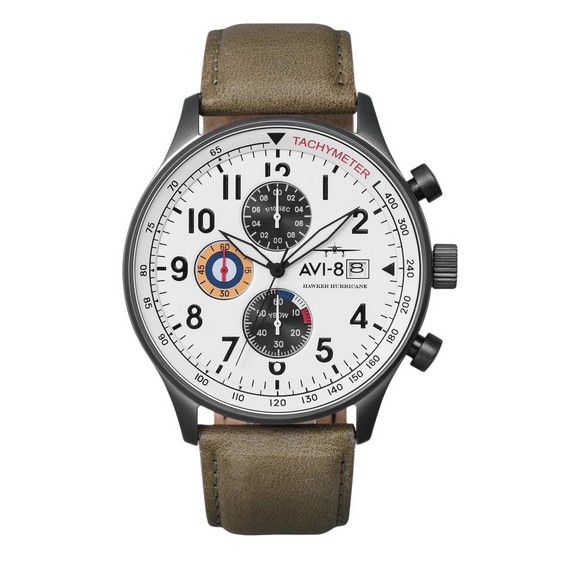 AVI-8 Hawker Hurricane Classic Chronograph Elfenbein Graustufen Weißes Zifferblatt Quarz AV-4011-0B Herrenuhr