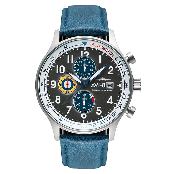 AVI-8 Hawker Hurricane Classic Chronograph Pennant Blue Leather Strap Grey Dial Quartz AV-4011-0F Men's Watch