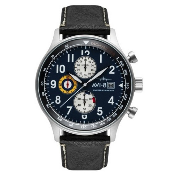 AVI-8 Hawker Hurricane Classic Chronograph Midnight Black Leather Strap Blue Dial Quartz AV-4011-0I Men's Watch