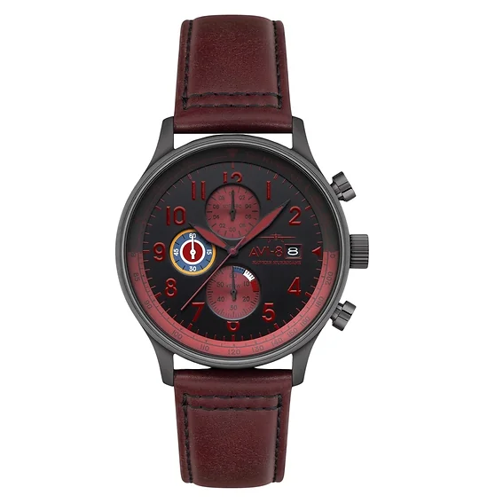 AVI-8 Hawker Hurricane Classic Chronograph Blood Red Leather Strap Black Dial Quartz AV-4011-0S Men's Watch