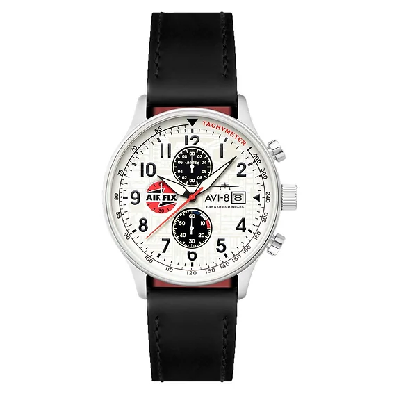 AVI-8 Hawker Hurricane Classic Chronograph Airfix Edition Deco Grey Leather Strap White Dial AV-4011-1C Men's Watch