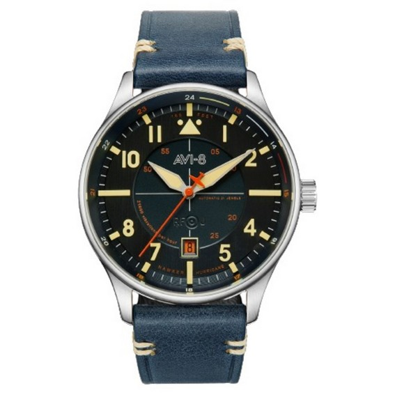 Reloj automático para hombre AVI-8 Hawker Hurricane Kent con correa de piel Sussex y esfera azul AV-4094-02