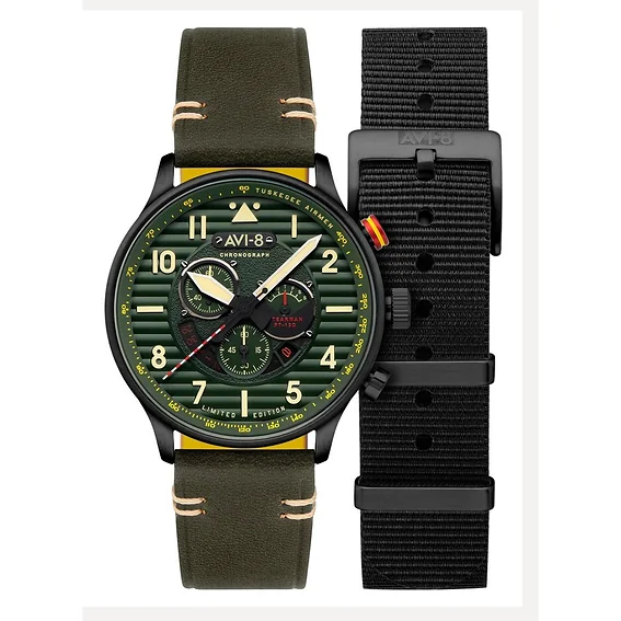 AVI-8 Flyboy Spirit Of Tuskegee Chronograph Limited Edition Green Dial Quartz AV-4109-04 Men's Watch With Extra Strap
