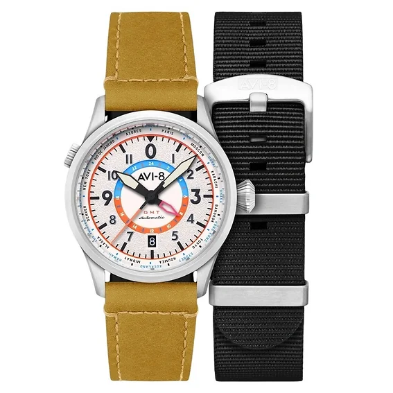 AVI-8 Flyboy Wingman Worldtimer GMT Automatic Sand Green Strap Cream Dial AV-4120-02 Men's Watch With Extra Strap