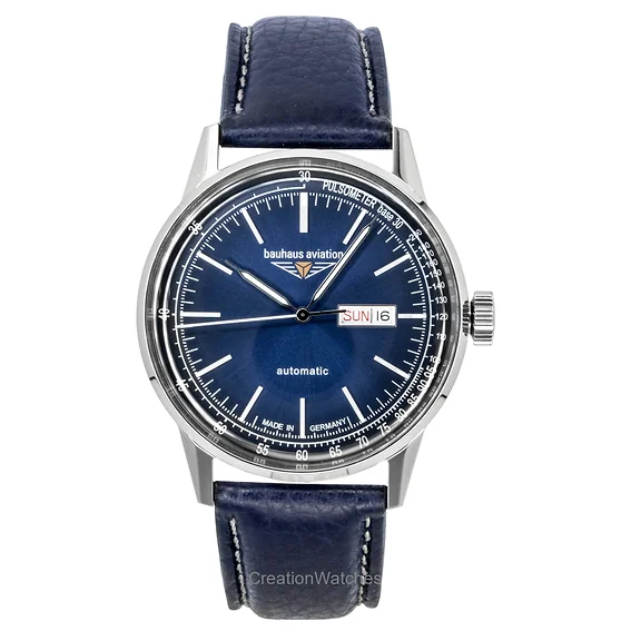 Bauhaus Aviation Leather Strap Blue Dial Automatic 23663 100M Men's Watch