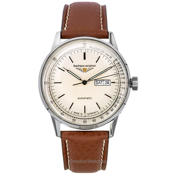 Bauhaus Aviation Leather Strap Beige Dial Automatic 23665 100M Men's Watch