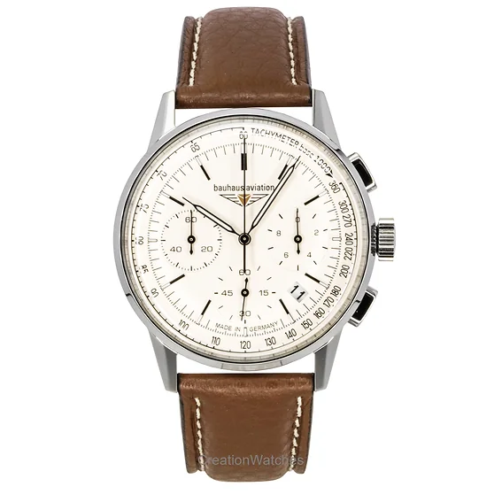 Bauhaus Aviation Chronograph Leather Strap Beige Dial Quartz 23765 100M Men's Watch