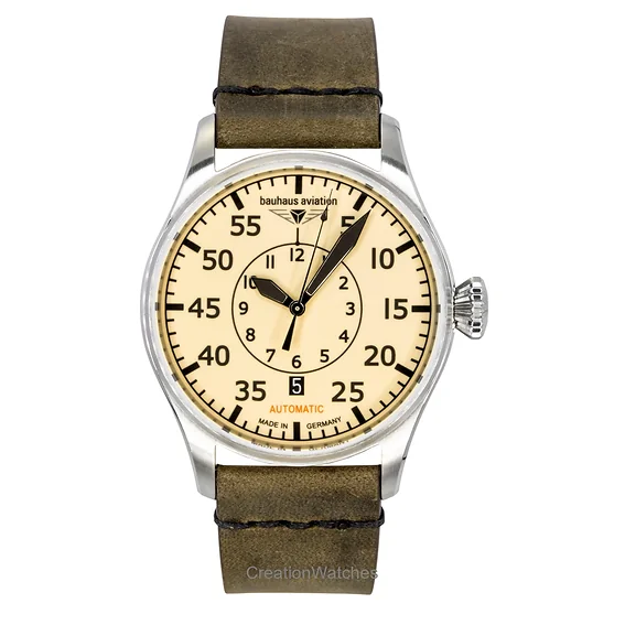 Bauhaus Aviation Leather Strap Beige Dial Automatic 27565 Men's Watch