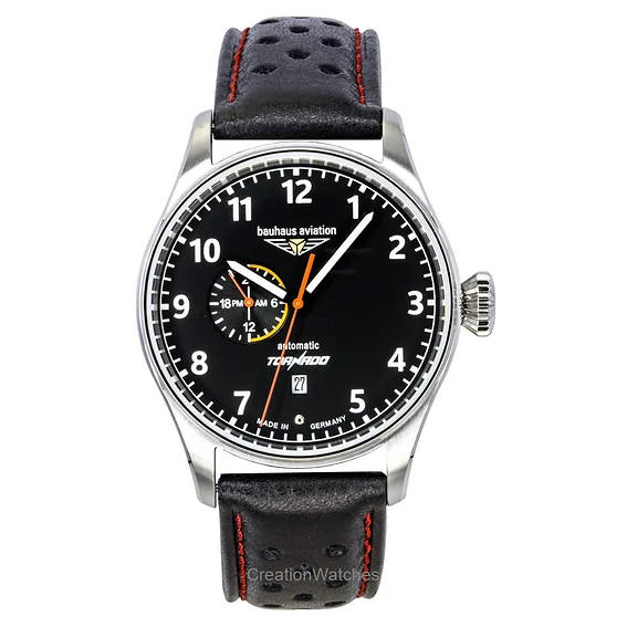 Bauhaus Aviation Tornado Leather Strap Black Dial Automatic 27642 Men's Watch