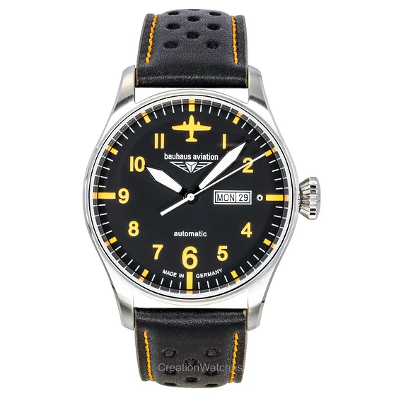 Bauhaus Aviation Leather Strap Black Dial Automatic 27665 Men's Watch